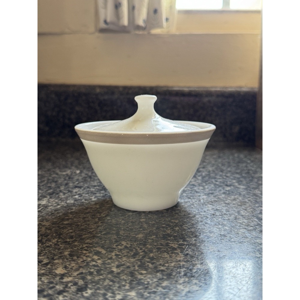 Vintage PYREX Milk Glass Grey Band Covered Sugar Dish Bowl